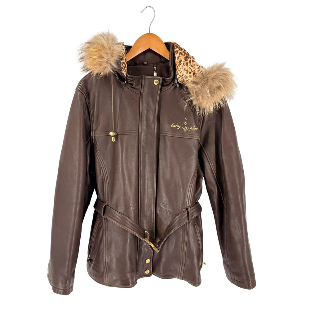 Baby Phat Leather Parka Brown XXL Y2K Leopard Fur Hood Belted Down Jacket